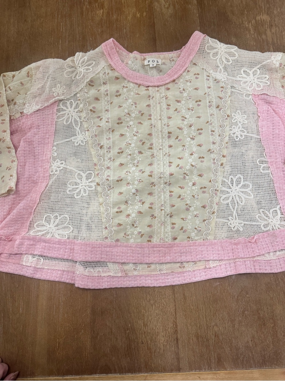 POL Pink Floral Lace Panel Women’s Oversized ' Blouse